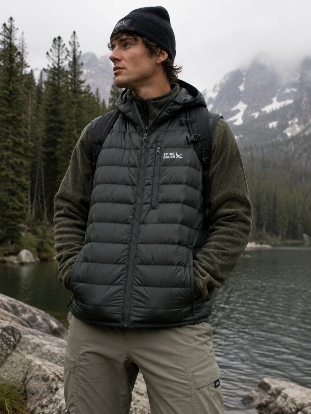 Eddie Bauer Baywood Hooded Puffer Vest Men’s Small Deep  Green NWT Lightweight